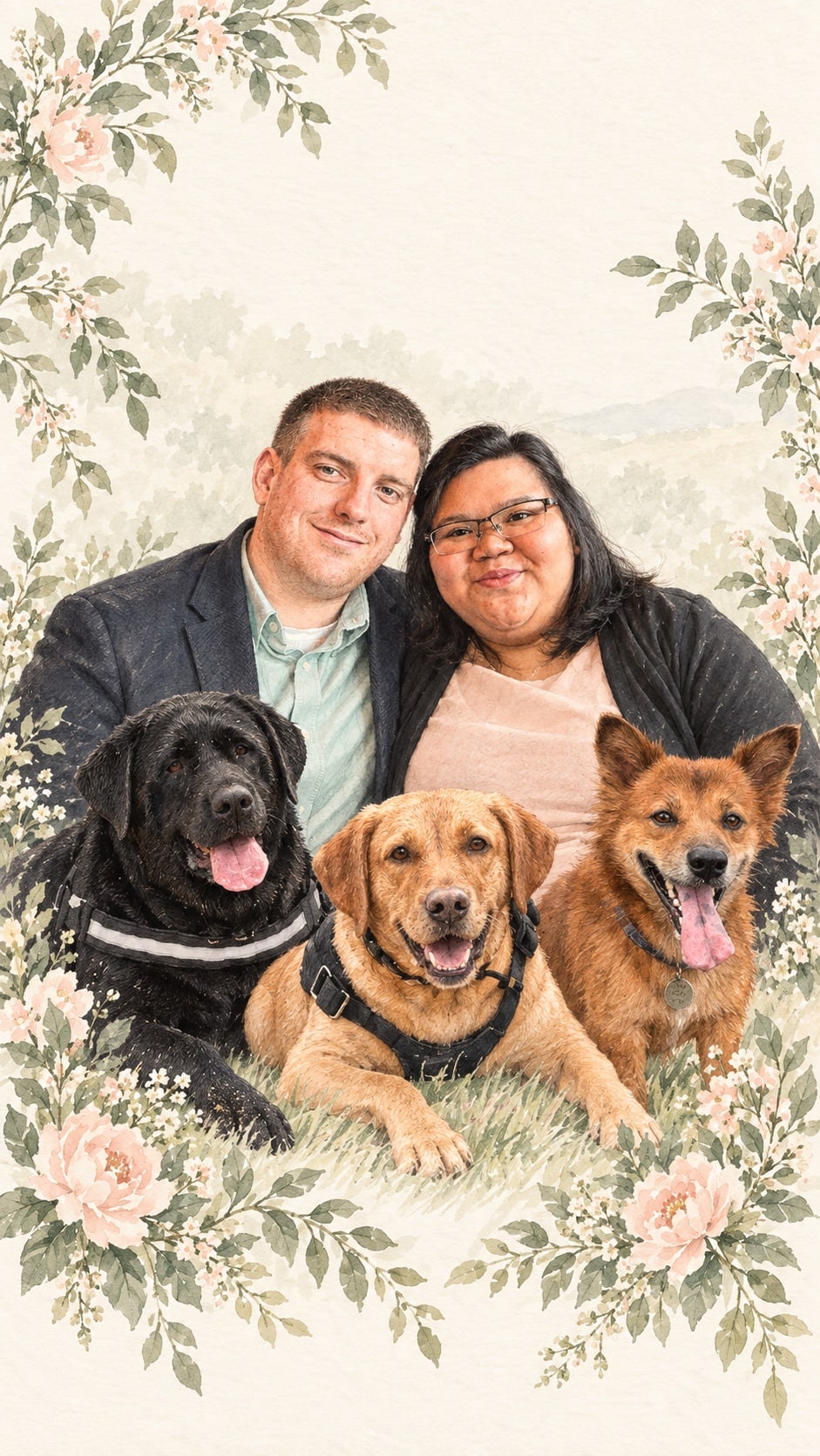 Phoebe and Jeff with their three dogs, painted in watercolour within a border of leaves and blossom.